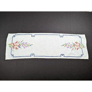 Vintage Table Runner White Colorful Floral Embroidered Rectangular 36 x 11.5